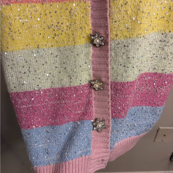 Pastel Rainbow Striped Sequin Cardigan Sweater - Pink - Picture 6 of 7